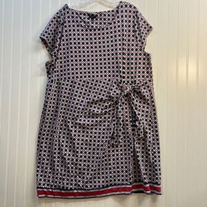 Talbots Plus Petite 3XP Geometric Print Side Tie Faux Wrap Sheath Dress Navy Red